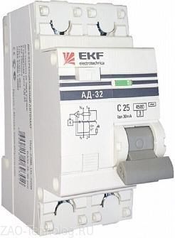 Выключатель автоматический диф. тока 1п+N 2мод. C 25A 30mA тип AC 3kA АД-32 PROxima ЭКФ DA32-25-30-pro