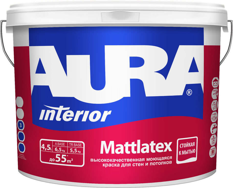 Краска моющаяся для стен и потолков "AURA MATTLATEX" 4,5л База А