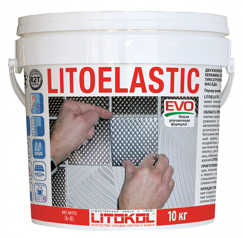 Двухкомпонентный клей для укладки облицовочного материала любого типа LITOKOL LITOELASTIC EVO Белый, класс R2T, 10 кг.